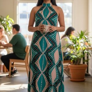 Porridge for Anthropologie 
Elegant Teal and Black Geometric Maxi Dress